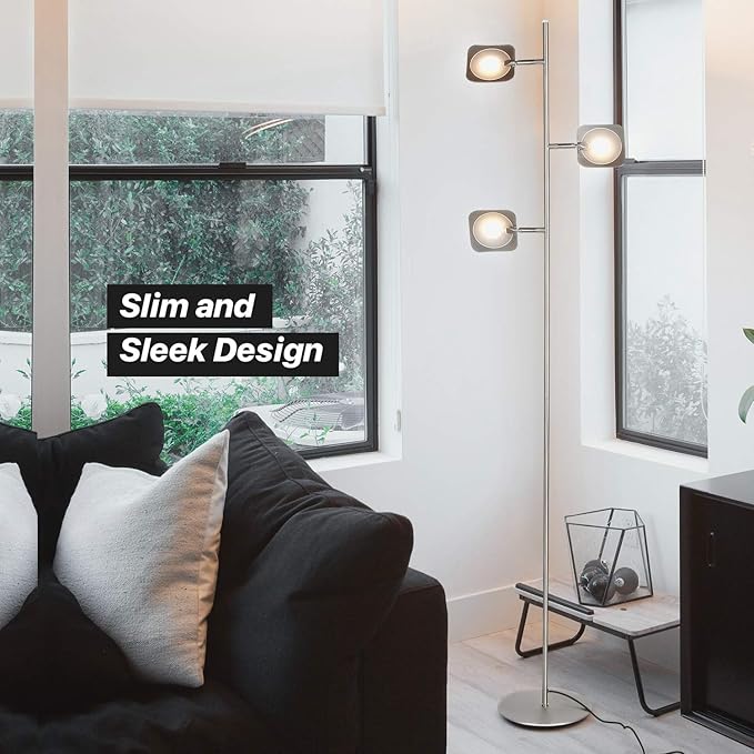 Brightech Tree Floor Lamp for Living Rooms & Offices, Dimmable Standing Lamp for Bedroom Reading, LED Spotlight Floor Lamp, Tall Lamp with Adjustable Panels for Minimal Space Use - Satin Nickel