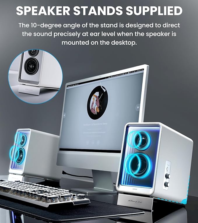 Edifier QR65 Desktop Active Monitor with 2.75" Long-Throw Aluminum Diaphragm mid-Low Drivers, Hi-Res Audio, Brilliant Light Effects, 70W Output Power Bluetooth Speakers with Stands - White