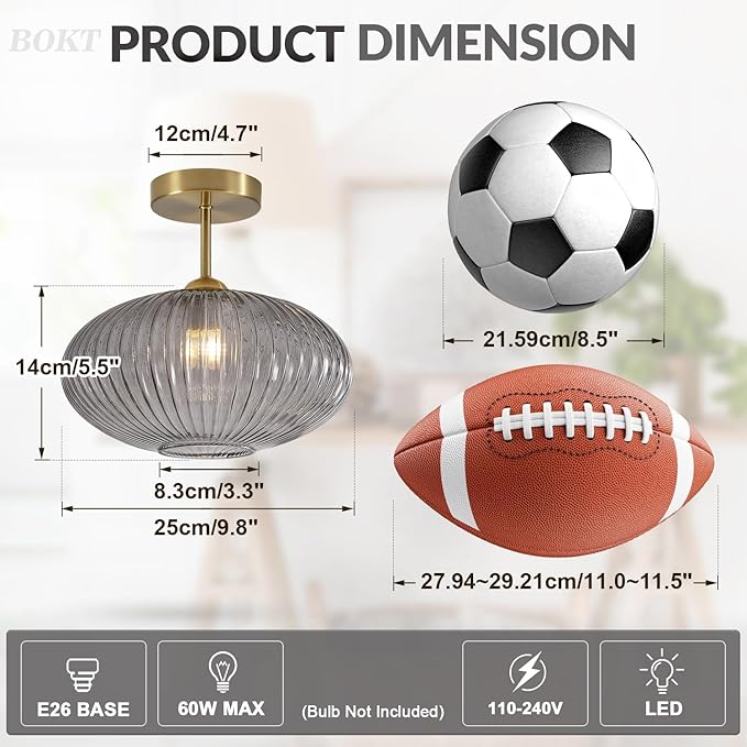 BOKT Mid Century Modern Semi Flush Mount Ceiling Light Brass Light Fixtures Ceilings Ribbed Smoke Glass Close to Ceiling Lamp 2-Pack Minimalist Hallway Light Gold Entryway Flush Light