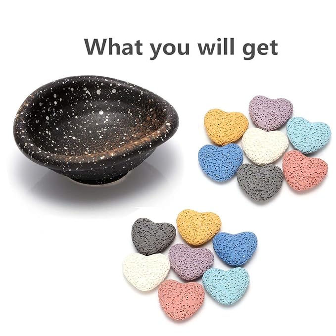 Top Plaza Lava Rock Gemstone Aromatherapy Essential Oil Diffuser Set - Oval Shape Ceramic Incense Burner/Ware/Holder/Bowl with 14Pcs Heart Lava Stone Beads