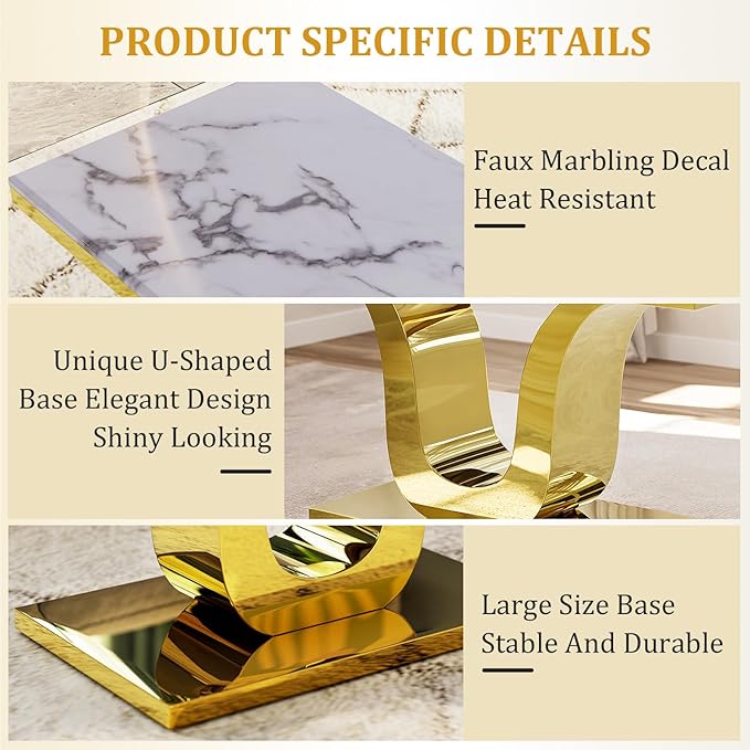 Luxury Dining Room Table with Gold Stainless Steel Metal U-Base in White Gold