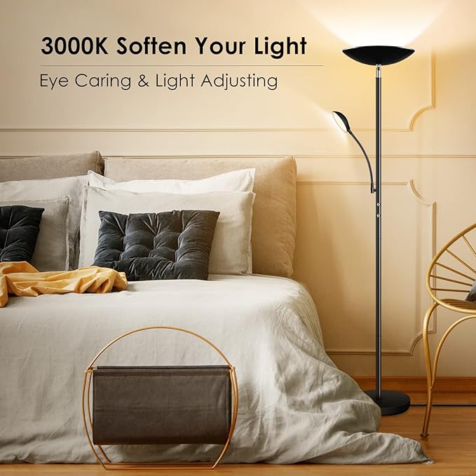 BoostArea Floor Lamp, LED 20W/2000LM Bright Torchiere Floor Lamp with 5W Adjustable Reading Lamp, Stepless Dimmable Standing Lamp, 2 Rotary Switch, Modern Floor Lamps for Living Room, Bedroom, Office
