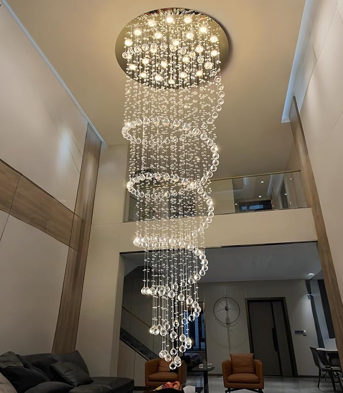 W47 x H118 High Ceiling Chandelier with LED Bulbs Dimmable Long Light Glam Chandeliers Crystal Pendants Light Fixtures for Foyer Entryway Living Room Stair Gold