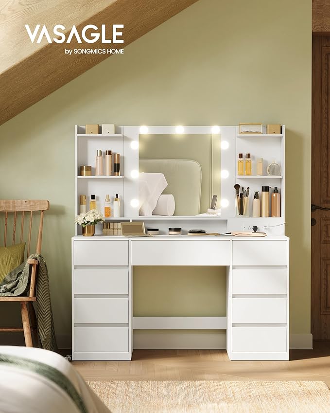 VASAGLE Kailyn Collection - Vanity Desk with Mirror and 9 LED Bulbs, Vanity Makeup Table with Power Outlets, Dressing Table with 9 Drawers, for Bedroom, Cloud White URDT141WB01S