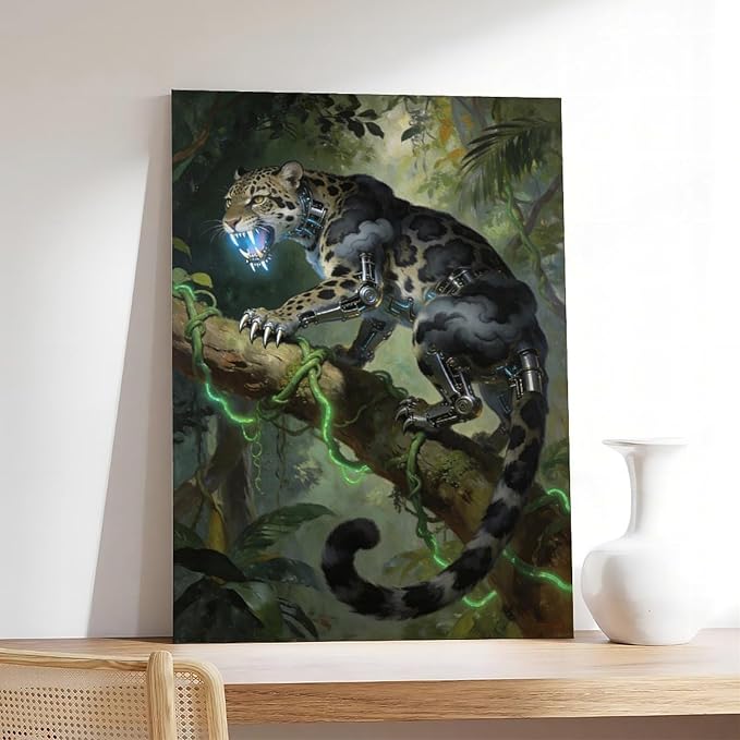 Framed Steampunk Mechanical Leopard Wall Art - Jungle Futuristic Beast Poster for Man Cave Living Room Decor 20x30inch(50x75cm)