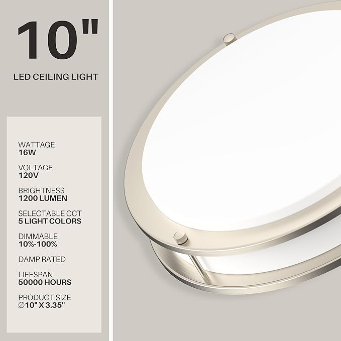 DYMOND LED Ceiling Light Flush Mount Dimmable Adjustable Lighting from Warm White to Daylight 2700K 3000K 3500K 4000K 5000K 5 in 1 Selectable CCT (Brushed Nickel, 10 Inch)
