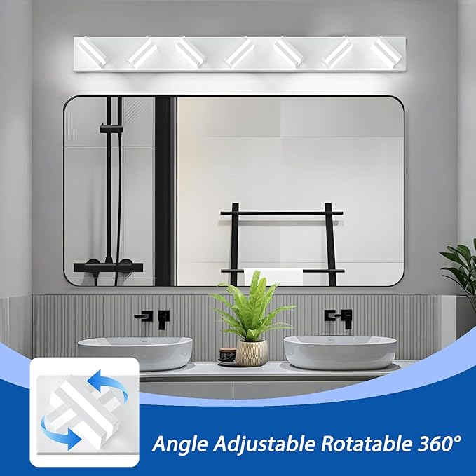 IZORRO LED Modern Bathroom Lights Fixtures(7-Light,Dimmable,360°Rotate),Matte White Acrylic Wall Lighting,Vanity Lights for Bathroom Over Mirror - 6000k 40In （No Assembly Required）