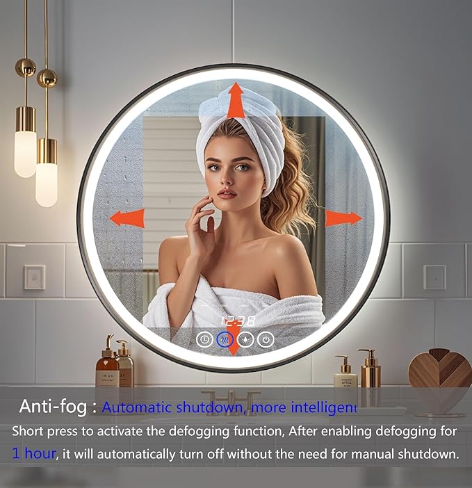Wall-Mounted Round Bathroom Mirror with LED-Lights - Frame Vanity Mirrors (24" x 24", Black)