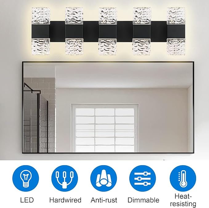MELUCEE 30.3 in LED Bathroom Lighting Fixtures Over Mirror LED Vanity Light Black Modern Bathroom Light Bar 40W Crystal Wall Light Fixtures, 3000K Warm Lighting, Built-in Led Chips