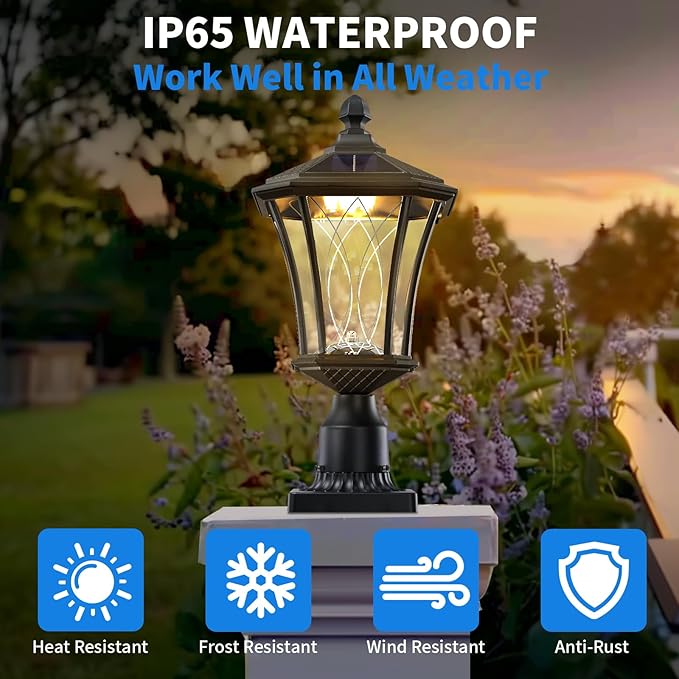 19.6" Solar Post Lights, Dusk to Dawn Outdoor Post Lights Solar Lamp Post Light, Black Pole Lights Outdoor with Pier Mount Base, Waterproof Outdoor Lamp Post for Yard FrontDoor Pathway Garage, 1 Pack