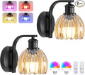 VerRon Rechargeable Battery Operated Wall Sconce Set of Two with Amber Glass Lampshade, Wireless Wall Scone Decor with Remote Control, 15 Colors Black Wall Light for Bedside Hallway Bedroom Doorway