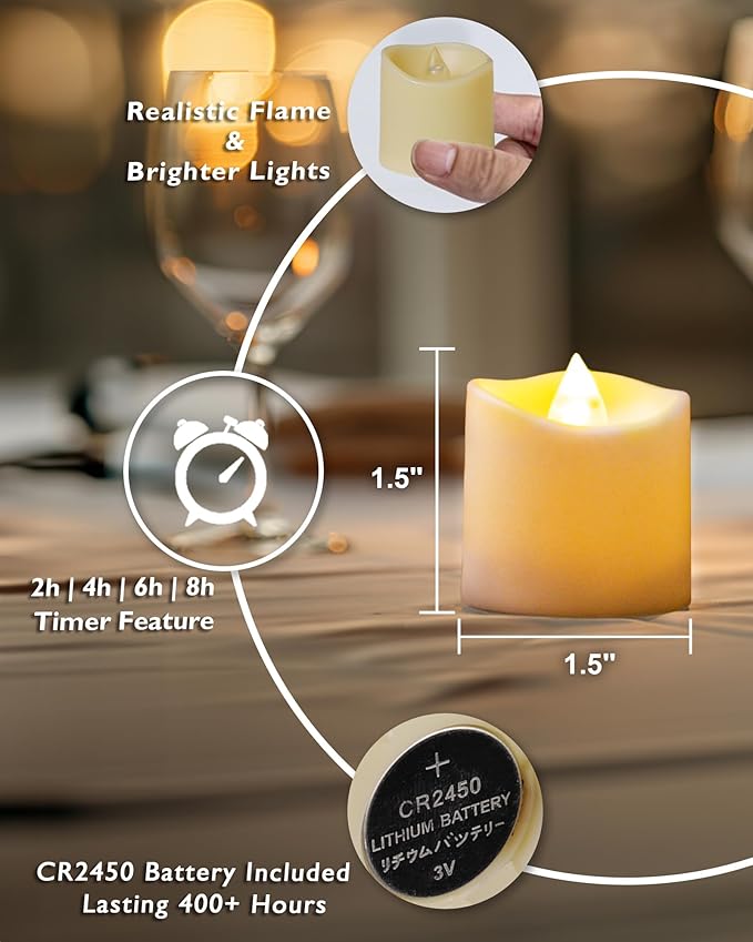Homemory 24Pack 400+ Hour Timer Remote Control Flameless Votive Candles, Battery Operated LED Tea Lights in Warm White for Outdoor, Table, Halloween, Christmas-Ivory Base