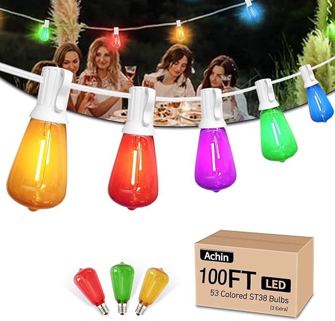 Achin Colored Outdoor String Lights White Cord - 100FT Multicolor Patio Lights with 50+3 LED ST38 Bulbs Shatterproof Colorful String Lights for Bistro Christmas Party Holiday