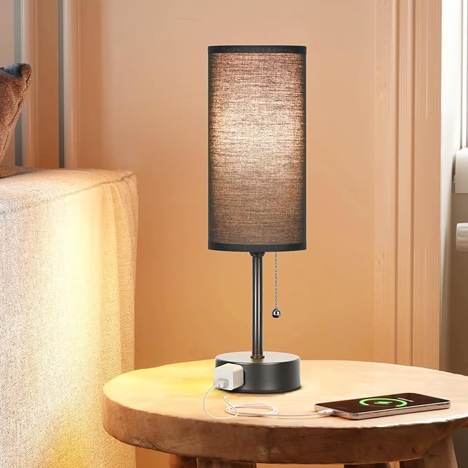 Dott Arts Table Lamp for Bedroom, 3-Color Bedside Lamps with Pull Chain, Bedroom Table Lamps for Nightstand,AC Outlet Small Lamp for Living Room, Bulb Included Black