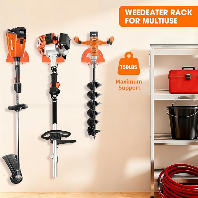 Weed Eater Hanger, Garage Organizer Trimmer Rack Wall Mount, Garden Power Tool Holder Garage Hooks for Grass Trimmer, Hedge Trimmer, Leaf Blower and Chainsaw Storage, 2 Pack