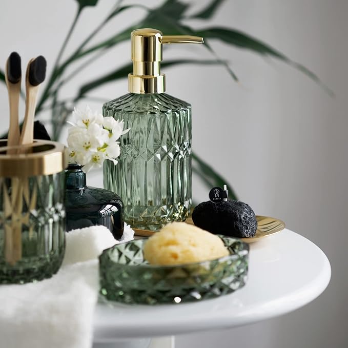 EMPO 6PCS Bathroom Clear Glass Accessories Set (Lotion Soap Dispenser, Soap Dish, Toothbrush Holder, Tumbler, Cotton Swab Jar), Contemporary Modern Decor Crystal Vintage Gift (6pcs Green)