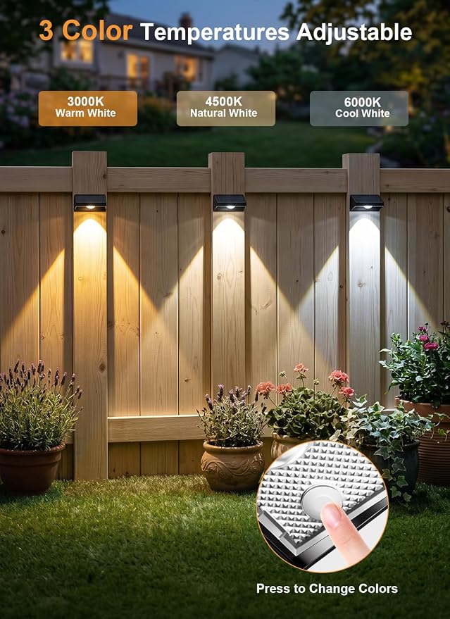 Solar Fence Lights Outdoor, 3000/4500/6000K 3 Mode 16 Pack Fence Lights Solar Powered Ultra-Bright LED Lens IP65 Waterproof Solar Patio Lights for Outside,Deck/Flood/Backyard/Yard /Step/Railings/Wall
