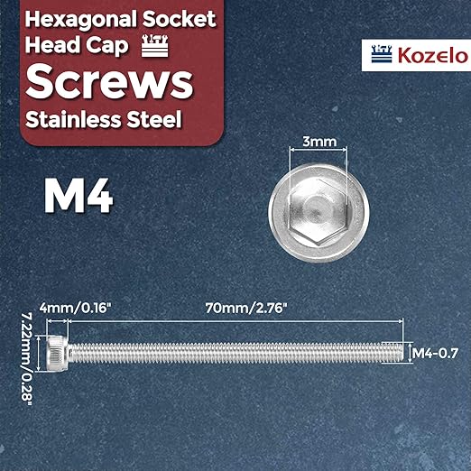 Kozelo 25pcs Socket Head Cap Screws - [M4-0.7 x 70mm] 304 Stainless Steel Allen Socket Drive for Electrical Motor 3D Printing Fan Engine Replacement Use, Silver