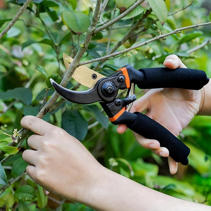 ESOW Garden Tool Set 7 PCS, Includes Cast-Aluminum Heavy Duty Hand Trowel, Transplant Trowel, Hand Rake, SK-5 Steel Gardening Scissor, Plant Tie, Bag & Gloves, Tool Kit Gifts
