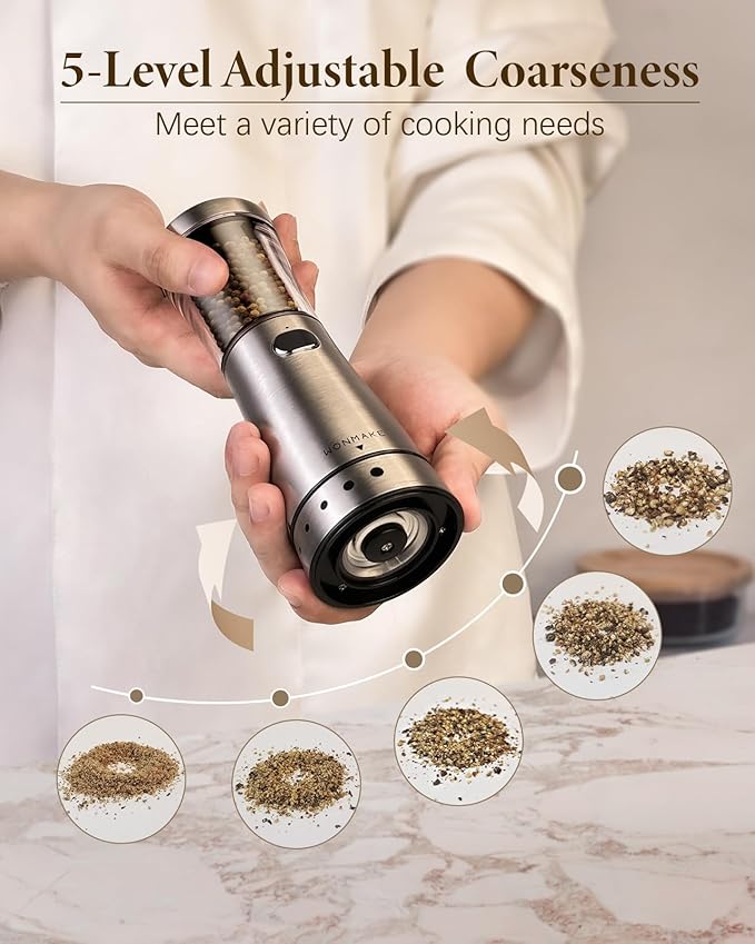 Electric Salt and Pepper Grinder Set Rechargeable, Electric Pepper Grinder with Adjustable Coarseness, 4.5oz Large Capacity, 1.8" Wide-Mouth & Storage Base, One-Hand Operation Kitchen Gadgets