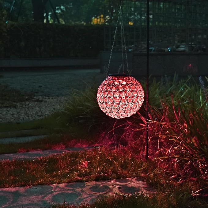 Solar Hanging Lantern Outdoor Lights, Dual LEDs Color Changing and Cool White Hanging Light Waterproof Crystal Globe Lamp Decoration in Garden, Pathway, Front Door - Clear