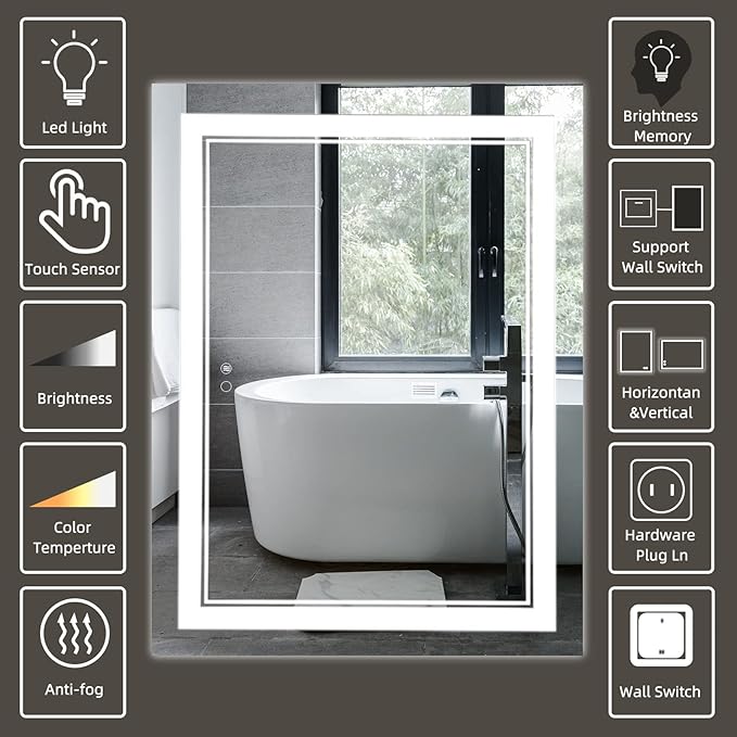 COOL2DAY LED Mirror for Bathroom,55x36 Inch Lighted Bathroom Vanity Mirror with Lights, Double Light Strips, 3 Colors, Shatter-Proof, Anti-Fog and Brightness Memory