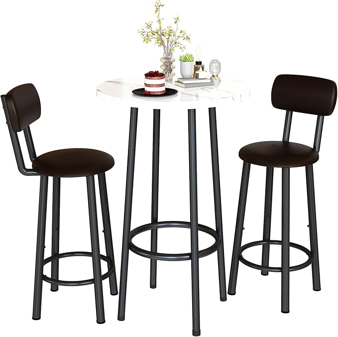 DKLGG Dining Table Set for 2 - 24" Round Kitchen Table With MDF Tabletop & 2 PU Leather Chairs, Bar Pub Set for Small Space Kitchen Living Room Apartment, White