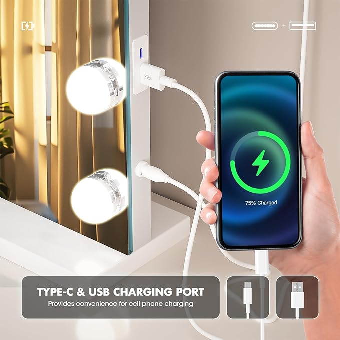 Hasipu Vanity Mirror with Lights, 24" x 20" Hollywood Mirror, Makeup Mirror with 17 Dimmable Bulbs and 10X Magnification, 3 Colors Modes, Touch Control, USB Charging Port, Type-C (Square White)