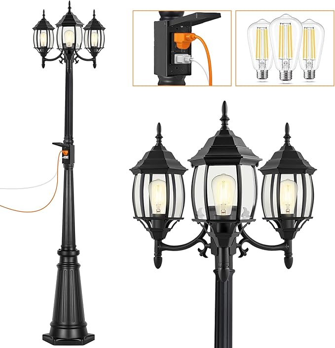 PARTPHONER Outdoor Lamp Post Light with GFCI Outlet, 3-Head Classic Black Light Pole with Glass Panels (3 LED Bulbs Included), Aluminum Waterproof Outside Street Light for Backyard Garden Driveway