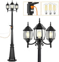PARTPHONER Outdoor Lamp Post Light with GFCI Outlet, 3-Head Classic Black Light Pole with Glass Panels (3 LED Bulbs Included), Aluminum Waterproof Outside Street Light for Backyard Garden Driveway