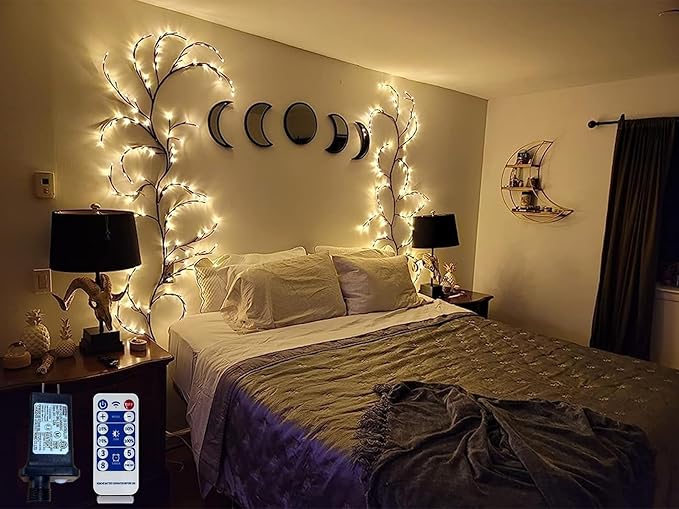 2PCS Enchanted Willow Vine Lights for Home Decor,Flexible DIY Lighted Branches with Remote On/Off Timer Dimmer,7.5FT Lighted Willow Vine 144LEDs for Bedroom Aesthetic Living Room Decor,Brown