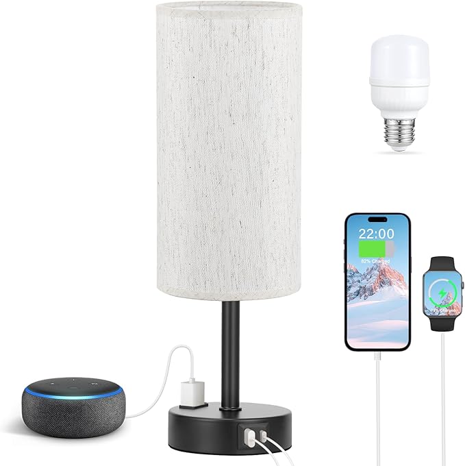 Light Beige Table Lamp for Nightstand - 3 Way Dimmable Bedside Lamp for Bedroom with USB C A Charging Ports and AC Outlet, Small Desk Lamp with Black Base for Living Room, Office, LED Bulb Included