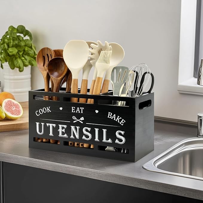 Extra Large Black Wood Utensil Holder Organizer Farmhouse Kitchen Decor Cutlery Spatula Holder Silverware Caddy Wooden Cooking Utensils Holder for Kitchen Countertop Utensil Crock Spoon Tools Holder