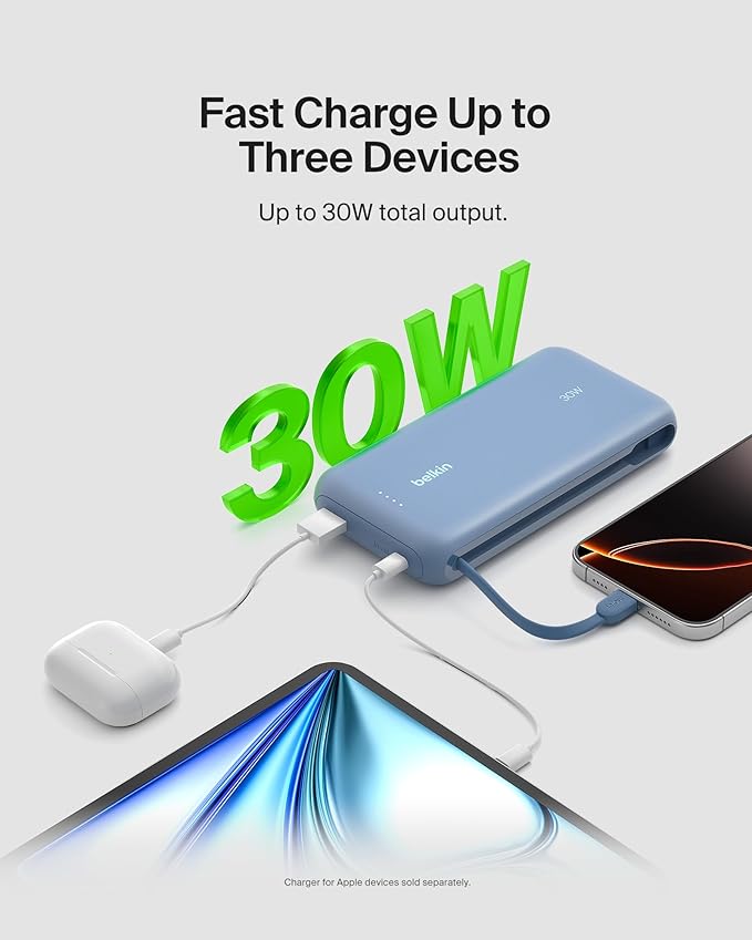 Belkin Portable Charger, Power Bank with Integrated Cable 20000 mAh 30W - Fast Charging USB C Power Delivery - iPhone 17, Air, Pro, Pro Max, iPad, AirPods, Apple Watch, Galaxy S25, & More - Blue