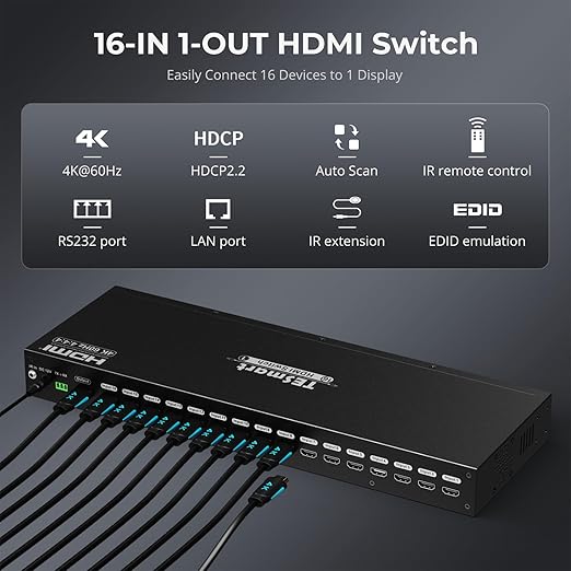 TESmart 16×1 HDMI Switch 16 in 1 Out 4K HDMI Switcher with IR Remote 4K@60hz 16 Port HDMI Switch Box HDCP 2.2,Auto Switch,19-inch Rack-Ears Mount,LAN Port Control,Auto Scan Switch