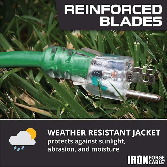 Iron Forge Cable Weatherproof 25 Ft Outdoor Extension Cord Green - 14/3 SJTW 15 Amp Heavy Duty Green Extension Cord Outdoor 3 Prong - Lighted End