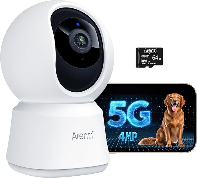 ARENTI 5G Indoor Security Camera, 4MP Pet Camera with Speaker for Dog/Cat, Baby Monitor with Phone App, Dual-Band WiFi, Auto Tracking, Super Night Vision, 2-Way Talk, 64G Local Storage (P2Q 64G)
