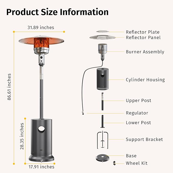 EAST OAK 48,000 BTU Patio Heater for Outdoor Use with Round Table Design, Double-Layer Stainless Steel Burner, Wheels, Triple Protection System, Outdoor Heater for Home and Residential, Grey