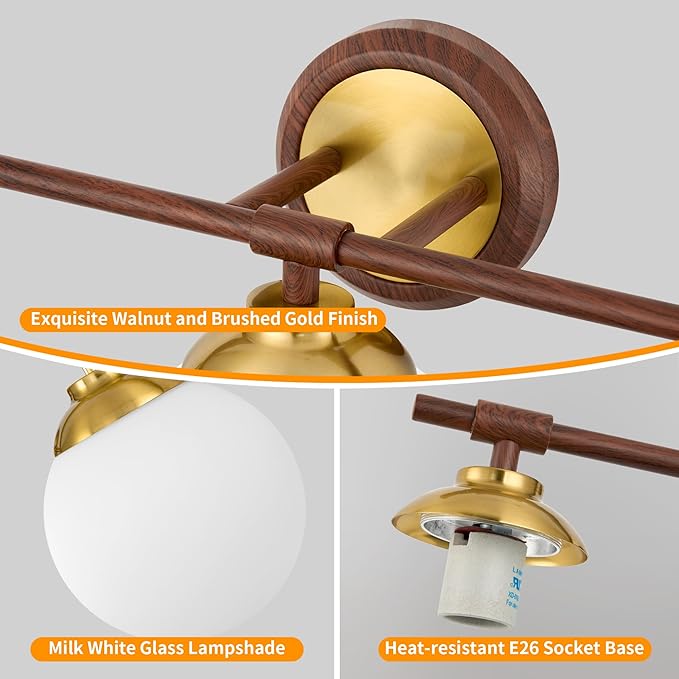 Rayogale Walnut Bathroom Light Fixtures, ETL 4 Lights Vanity Lights Over Mirror with Milk Glass Soft Lighting 32 Inch Bathroom Sconces(Exclude E26 Bulb)