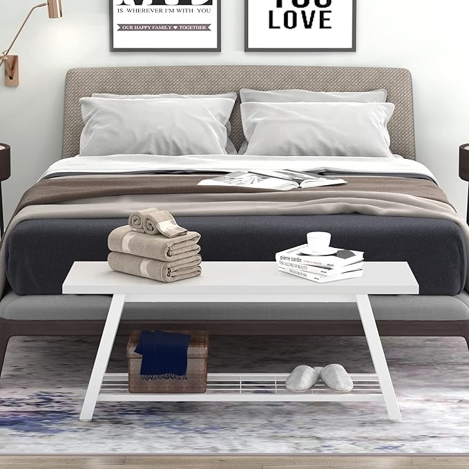 Industrial Entryway Bench Rustic Wood and Metal Storage Bench for Indoor Living Dining Room Bedroom Long Shoe Benches Seat (White)