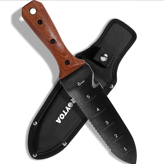 Hori Hori Garden Knife, Garden Tools with Sheath for Weeding,Planting,Digging, 7" Stainless Steel Blade with Cutting Edge, Full-Tang Rosewood Handle with Hanging Hole