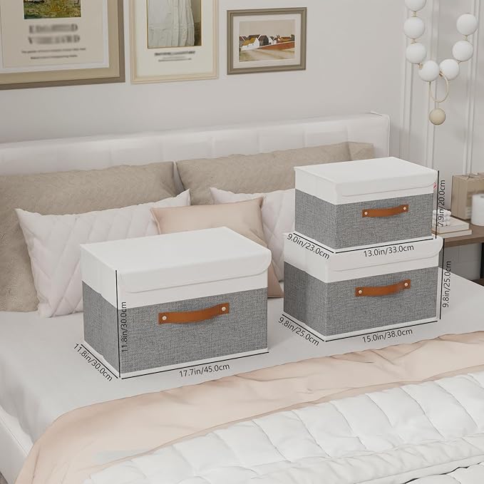 Yawinhe Storage Bins with Lids, Fabric Foldable Boxes, Washable and Leather Handle, Cube Organizer Basket for Home, Closet, White/Grey, 17.7''Lx11.8''Wx11.8''H, 1-Pack, USNK024WGX-1