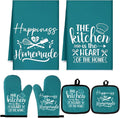 Sratte 6 Pcs Kitchen Decor Accessories Set Farmhouse Towels Pot Holders Oven Mitts Set 2 Dish Towels 2 Potholders 2 Cooking Mittens Oven Glove for Christmas Baking Cooking Supply(Teal,Kitchen)