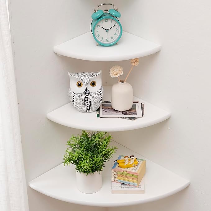 Corner Shelves, Floating Corner Shelf, Set of 3 Solid Oak Wood Corner Wall Shelves, Round End with Wire Hole Shelving for Small Plant for Bedroom Kitchen, Living Room (Size 9/10/12in)