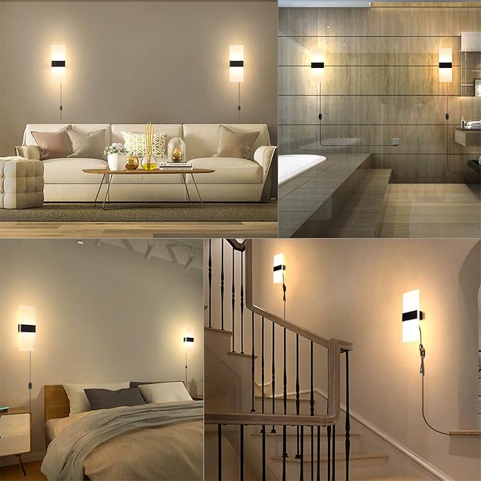 Lightess Plug in Wall Sconces Set of 2, Wall Lamp Plug in with 10%-100% Stepless Dimmable, 12W Acrylic LED Wall Lights for Bedroom Living Room