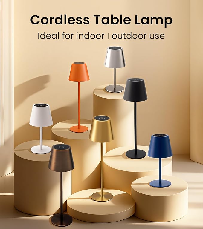Cordless Table Lamp, Portable Battery Operated Lamp with 3 Color Temps and Stepless Dimming, Rechargeable Table Lamp for Dinner, Desk, Cafe, Outdoor (White)