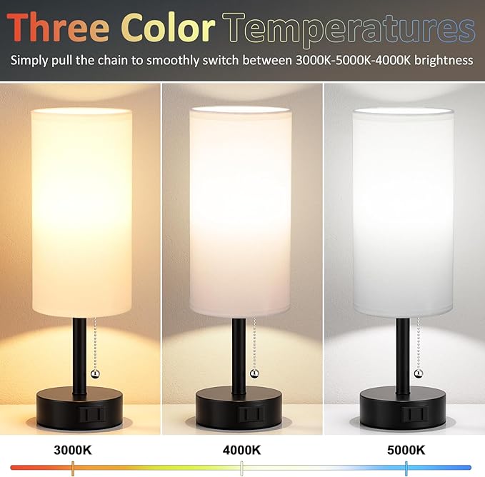 Fenmzee White Bedside Table Lamps Set of 2-3 Color Temperatures Pull Chain Lamp with AC Outlet Charging Port, Round Night Stand Lamps for Bedroom Office, Small Bed Side Light with E26 LED Bulbs