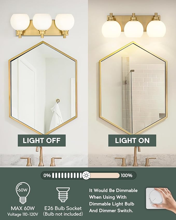 Bathroom Light Fixtures, 3-Light Brushed Gold Vanity Light, Modern Wall Sconces with Milk White Globe Glass Shade, Vanity Lighting Fixtures Over Mirror, VL195-BG-ML-3