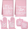 Sratte 6 Pcs Kitchen Decor Accessories Set Farmhouse Towels Pot Holders Oven Mitts Set 2 Dish Towels 2 Potholders 2 Cooking Mittens Oven Glove for Christmas Baking Cooking Supply(Pink,Kitchen)