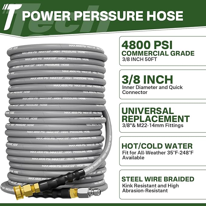 5000PSI Pressure Washer Gun and Hose Kit, 50FT Kink Resistant Steel Braided Power Washer Hose with 3/8" Swivel Quick Connector and M22 14mm Adapters Replacement/30 Extension Washer Wand